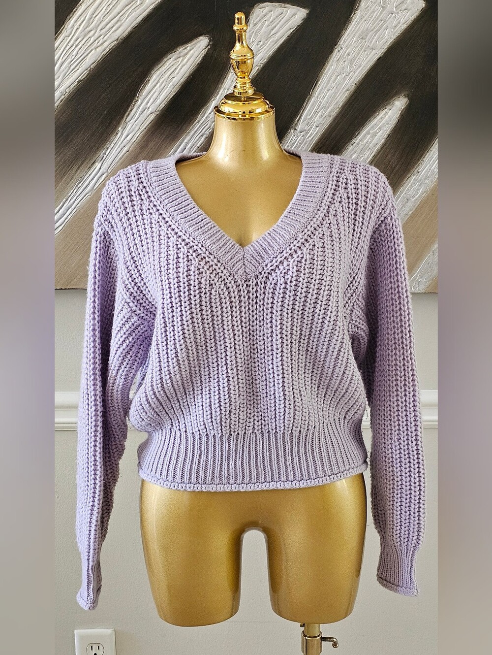 H&M Womens XS Lavender Purple Chunky Knit V Neck Sweater Pullover